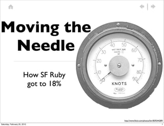 Moving the
 Needle
                       How SF Ruby
                        got to 18%



                                     http://www.ﬂickr.com/photos/lwr/839344289/
Saturday, February 20, 2010                                                  1
 