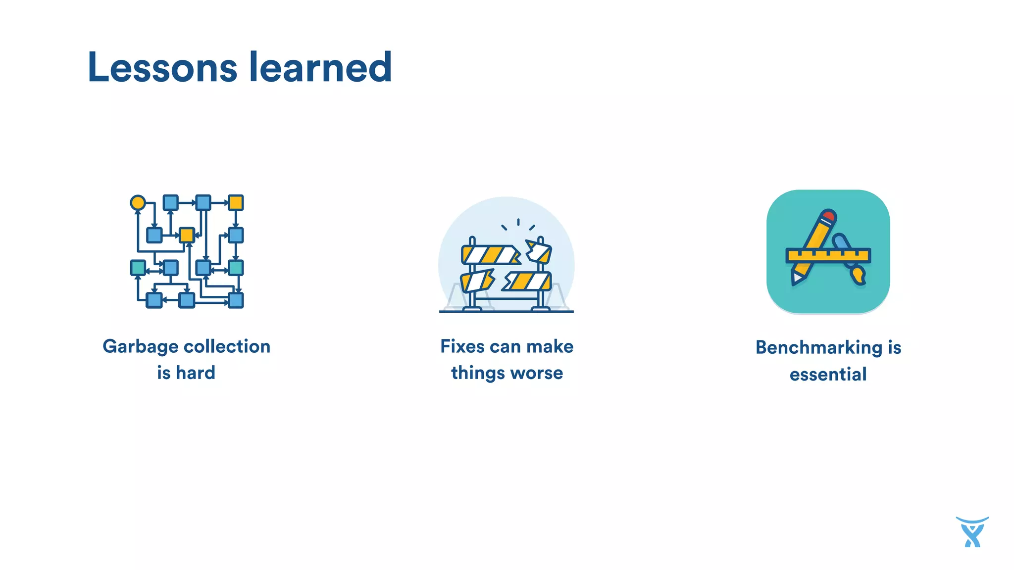 Garbage collection
is hard
Fixes can make
things worse
Benchmarking is
essential
Lessons learned
 