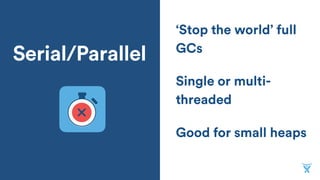 Single or multi-
threaded
Serial/Parallel
Good for small heaps
‘Stop the world’ full
GCs
 