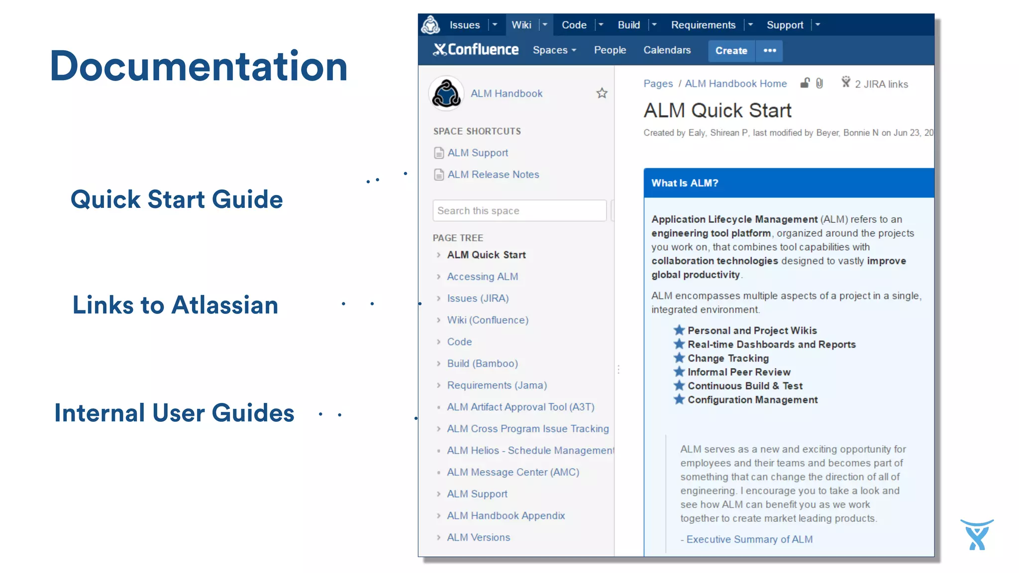 Documentation
Links to Atlassian
Internal User Guides
Quick Start Guide
•  !
•  !
•  !
 