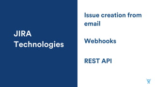 REST API
Webhooks
Issue creation from
email
JIRA
Technologies
 