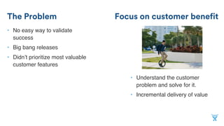 Focus on customer benefit
• Understand the customer
problem and solve for it.
• Incremental delivery of value
• No easy way to validate
success
• Big bang releases
• Didn’t prioritize most valuable
customer features
The Problem
 