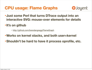CPU usage: Flame Graphs
• Just some Perl that turns DTrace output into an

interactive SVG: mouse-over elements for detail...