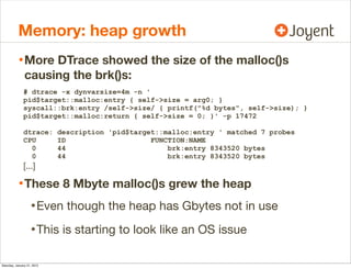Memory: heap growth
• More DTrace showed the size of the malloc()s
causing the brk()s:

# dtrace -x dynvarsize=4m -n '
pid...