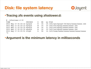 Disk: ﬁle system latency
• Tracing zfs events using zfsslower.d:
# ./zfsslower.d 10
TIME
2011 May 17 01:23:12
2011 May 17 ...