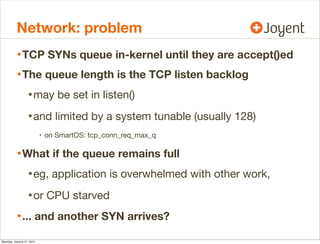 Network: problem
• TCP SYNs queue in-kernel until they are accept()ed
• The queue length is the TCP listen backlog
• may b...