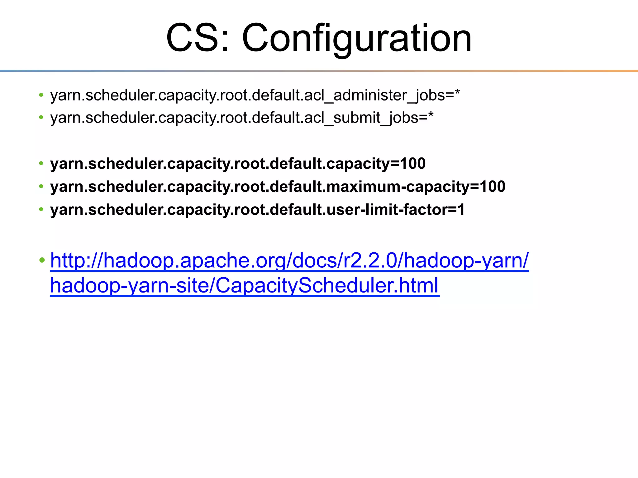 Multi-Tenancy: Capabilities
• Group and User:
– Use	
  of	
  Linux	
  and	
  HDFS	
  permissions	
  to	
  separate	
  ﬁles	
  and	
  directories	
  to	
  
create	
  tenant	
  boundaries	
  –	
  can	
  be	
  integrated	
  with	
  LDAP	
  (or	
  AD)	
  
	
  

• Security
– Used	
  to	
  enforce	
  tenant	
  boundaries	
  –	
  can	
  be	
  integrated	
  with	
  Kerberos	
  
	
  

• Capacity:
– Storage	
  quota	
  setup	
  to	
  manage	
  consump3on	
  
– Capacity	
  resource	
  scheduler	
  queues	
  to	
  balance	
  shared	
  processing	
  
resources	
  between	
  tenants	
  –	
  Use	
  ACLs	
  to	
  deﬁne	
  tenants	
  

Page	
  35	
  

 