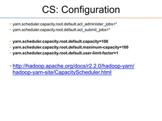 FUNCTION	
  

Capacity	
  
Sharing	
  

FUNCTION	
  

Capacity	
  
Enforcement	
  

FUNCTION	
  

The Capacity Scheduler

...