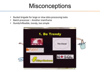 Misconceptions
•  Bucket	
  brigade	
  for	
  large	
  or	
  slow	
  data	
  processing	
  tasks	
  

 