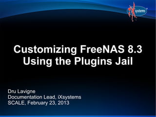 Customizing FreeNAS 8.3
   Using the Plugins Jail

Dru Lavigne
Documentation Lead, iXsystems
SCALE, February 23, 2013
 
