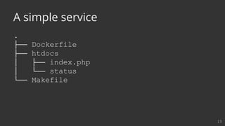 .
├── Dockerfile
├── htdocs
│ ├── index.php
│ └── status
└── Makefile
15
A simple service
 