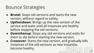 ● Brutal: Stops old versions and starts the new
version, without regard to safety.
● Upthendown: Brings up the new version of the
service and waits until all instances are healthy
before stopping the old versions.
● Downthenup: Stops any old versions and waits for
them to die before starting the new version.
● Crossover: Starts the new version, and gradually kills
instances of the old versions as new instances
become healthy.
Bounce Strategies
31
 