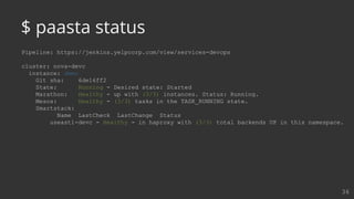Pipeline: https://jenkins.yelpcorp.com/view/services-devops
cluster: nova-devc
instance: demo
Git sha: 6de16ff2
State: Running - Desired state: Started
Marathon: Healthy - up with (3/3) instances. Status: Running.
Mesos: Healthy - (3/3) tasks in the TASK_RUNNING state.
Smartstack:
Name LastCheck LastChange Status
useast1-devc - Healthy - in haproxy with (3/3) total backends UP in this namespace.
36
$ paasta status
 