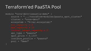 module "nova-devc-useast1a-demo" {
source = ".../terraform-modules/paasta_spot_cluster"
cluster = "nova-devc"
ecosystem = "${var.ecosystem}"
min_capacity = 2
max_capacity = 20
initial_target_capacity = 5
ami_type = "paasta"
spot_price = 0.1337
instance_profile = "paasta"
pool = "demo"
}
47
Terraform'ed PaaSTA Pool
 