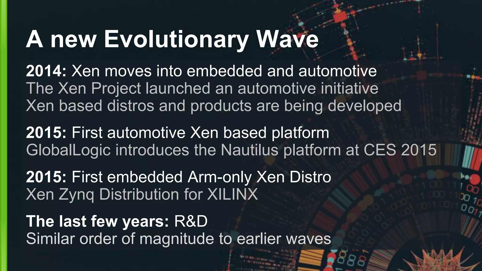 A new Evolutionary Wave
2014: Xen moves into embedded and automotive
The Xen Project launched an automotive initiative
Xen based distros and products are being developed
2015: First automotive Xen based platform
GlobalLogic introduces the Nautilus platform at CES 2015
2015: First embedded Arm-only Xen Distro
Xen Zynq Distribution for XILINX
The last few years: R&D
Similar order of magnitude to earlier waves
 