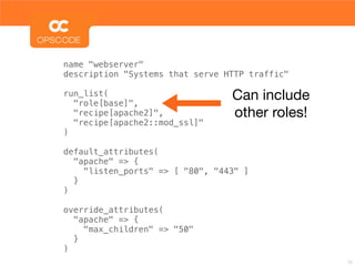 name "webserver"
description "Systems that serve HTTP traffic"

run_list(
  "role[base]",
                                 Can include
  "recipe[apache2]",             other roles!
  "recipe[apache2::mod_ssl]"
)

default_attributes(
  "apache" => {
    "listen_ports" => [ "80", "443" ]
  }
)

override_attributes(
  "apache" => {
    "max_children" => "50"
  }
)
                                                33
 