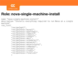 Role: nova-single-machine-install
name "nova-single-machine-install"
description "Installs everything required to run Nova on a single
machine"
run_list(
          "recipe[apt]",
          "recipe[nova::mysql]",
          "recipe[nova::openldap]",
          "recipe[nova::rabbit]",
          "recipe[nova::common]",
          "recipe[nova::api]",
          "recipe[nova::scheduler]",
          "recipe[nova::network]",
          "recipe[nova::objectstore]",
          "recipe[nova::compute]",
          "recipe[nova::setup]",
          "recipe[nova::creds]",
          "recipe[nova::finalize]"
          )
 