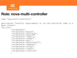 Role: nova-multi-controller
name "nova-multi-controller"

description "Installs requirements to run the Controller node in a
Nova cluster"
run_list(
          "recipe[apt]",
          "recipe[nova::mysql]",
          "recipe[nova::openldap]",
          "recipe[nova::rabbit]",
          "recipe[nova::common]",
          "recipe[nova::api]",
          "recipe[nova::objectstore]",
          "recipe[nova::compute]",
          "recipe[nova::setup]",
          "recipe[nova::creds]",
          "recipe[nova::finalize]"
          )
 