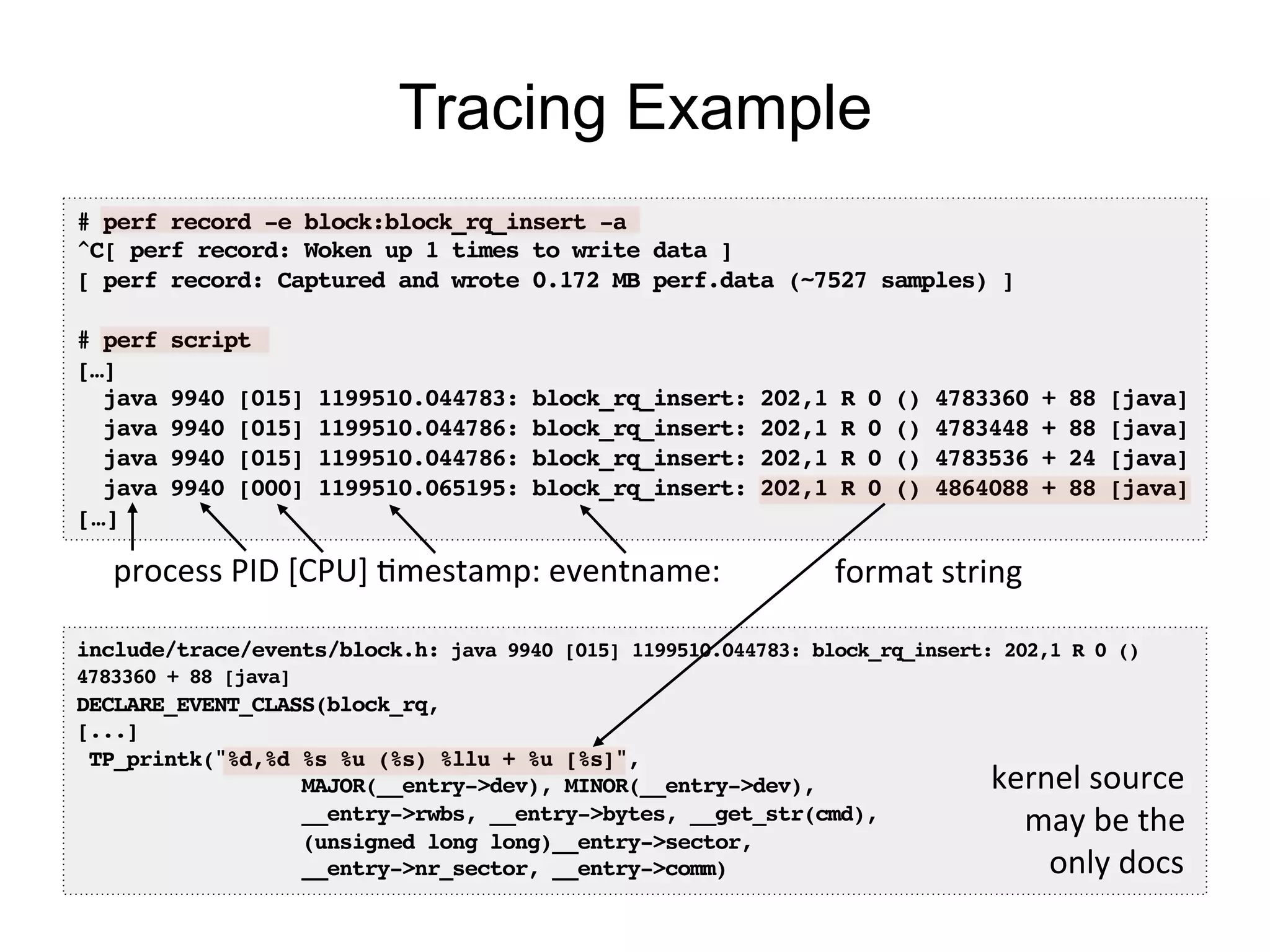 # perf record -e block:block_rq_insert -a!
^C[ perf record: Woken up 1 times to write data ]!
[ perf record: Captured and wrote 0.172 MB perf.data (~7527 samples) ]!
!
# perf script!
[…]!
java 9940 [015] 1199510.044783: block_rq_insert: 202,1 R 0 () 4783360 + 88 [java]!
java 9940 [015] 1199510.044786: block_rq_insert: 202,1 R 0 () 4783448 + 88 [java]!
java 9940 [015] 1199510.044786: block_rq_insert: 202,1 R 0 () 4783536 + 24 [java]!
java 9940 [000] 1199510.065195: block_rq_insert: 202,1 R 0 () 4864088 + 88 [java]!
[…]!
Tracing Example
include/trace/events/block.h: java 9940 [015] 1199510.044783: block_rq_insert: 202,1 R 0 ()
4783360 + 88 [java]!
DECLARE_EVENT_CLASS(block_rq,!
[...]!
TP_printk("%d,%d %s %u (%s) %llu + %u [%s]",!
MAJOR(__entry->dev), MINOR(__entry->dev),!
__entry->rwbs, __entry->bytes, __get_str(cmd),!
(unsigned long long)__entry->sector,!
__entry->nr_sector, __entry->comm)!
format	
  string	
  process	
  PID	
  [CPU]	
  Omestamp:	
  eventname:	
  
kernel	
  source	
  
may	
  be	
  the	
  
only	
  docs	
  
 
