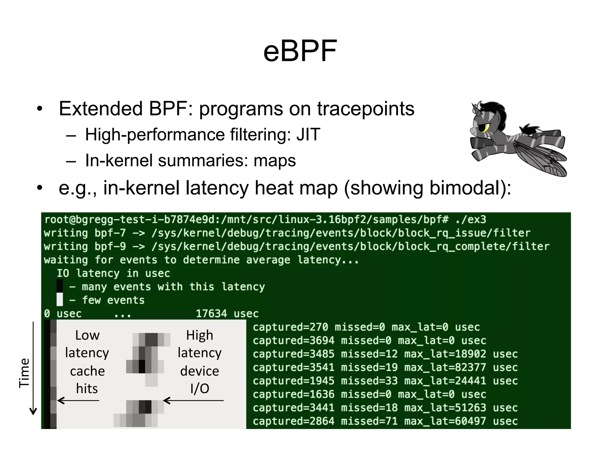 eBPF
•  Extended BPF: programs on tracepoints
–  High-performance filtering: JIT
–  In-kernel summaries: maps
•  e.g., in-kernel latency heat map (showing bimodal):
Low	
  
latency	
  
cache	
  
hits	
  
High	
  
latency	
  
device	
  
I/O	
  
Time	
  
 