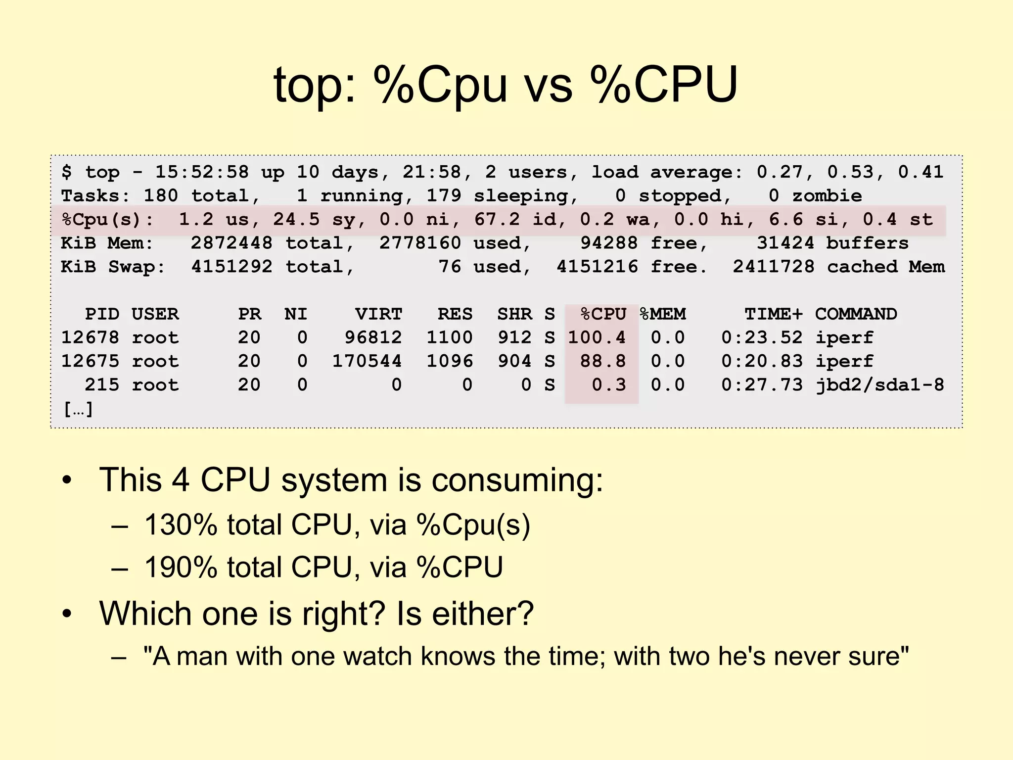 top: %Cpu vs %CPU
• This 4 CPU system is consuming:
– 130% total CPU, via %Cpu(s)
– 190% total CPU, via %CPU
• Which one is right? Is either?
– "A man with one watch knows the time; with two he's never sure"
$ top - 15:52:58 up 10 days, 21:58, 2 users, load average: 0.27, 0.53, 0.41
Tasks: 180 total, 1 running, 179 sleeping, 0 stopped, 0 zombie
%Cpu(s): 1.2 us, 24.5 sy, 0.0 ni, 67.2 id, 0.2 wa, 0.0 hi, 6.6 si, 0.4 st
KiB Mem: 2872448 total, 2778160 used, 94288 free, 31424 buffers
KiB Swap: 4151292 total, 76 used, 4151216 free. 2411728 cached Mem
PID USER PR NI VIRT RES SHR S %CPU %MEM TIME+ COMMAND
12678 root 20 0 96812 1100 912 S 100.4 0.0 0:23.52 iperf
12675 root 20 0 170544 1096 904 S 88.8 0.0 0:20.83 iperf
215 root 20 0 0 0 0 S 0.3 0.0 0:27.73 jbd2/sda1-8
[…]
 