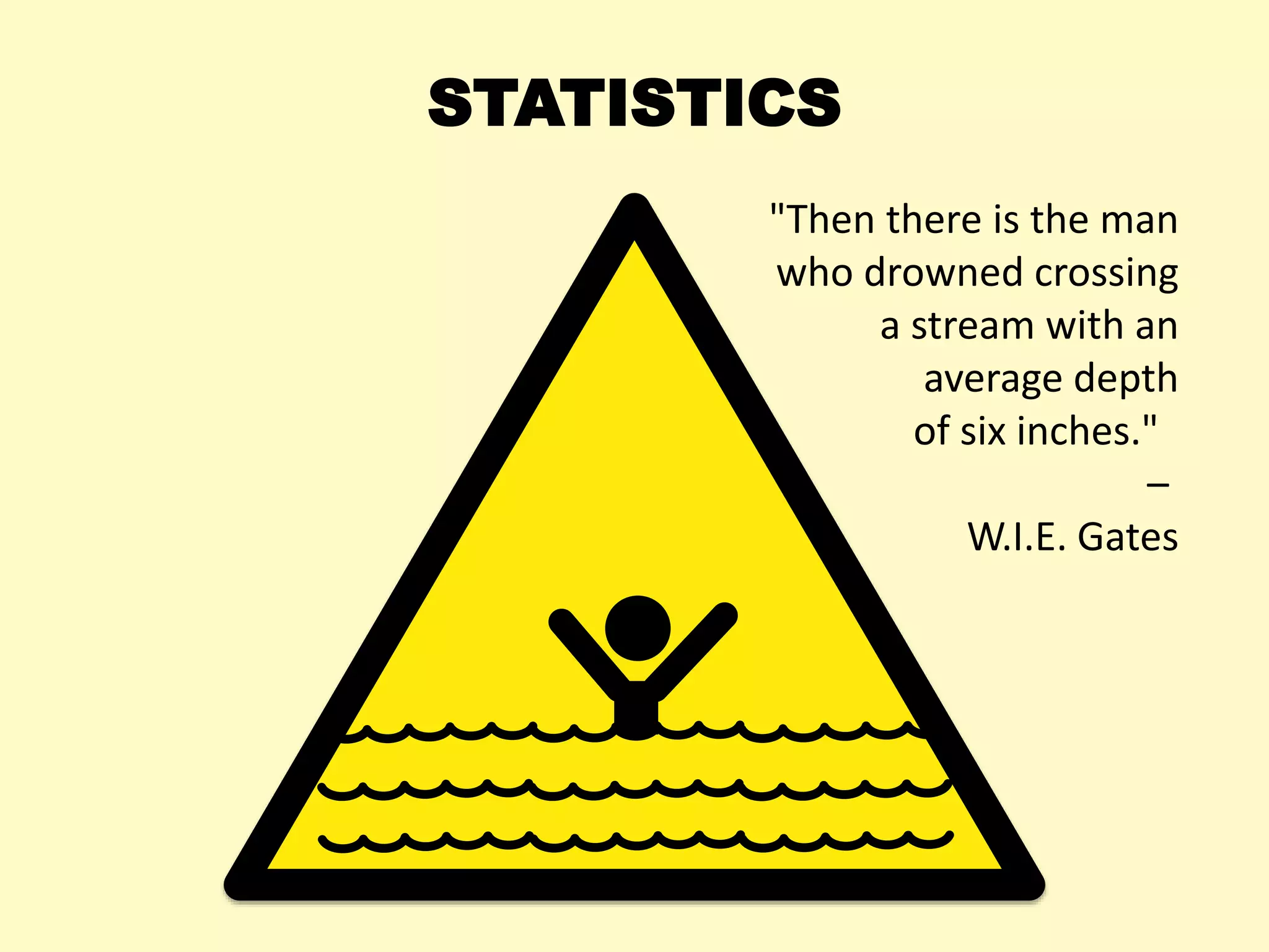 STATISTICS
"Then there is the man
who drowned crossing
a stream with an
average depth
of six inches."
–
W.I.E. Gates
 