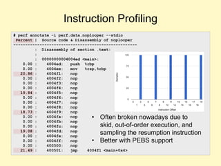 Instruction Profiling
# perf annotate -i perf.data.noplooper --stdio
Percent | Source code & Disassembly of noplooper
----------------------------------------------------
: Disassembly of section .text:
:
: 00000000004004ed <main>:
0.00 : 4004ed: push %rbp
0.00 : 4004ee: mov %rsp,%rbp
20.86 : 4004f1: nop
0.00 : 4004f2: nop
0.00 : 4004f3: nop
0.00 : 4004f4: nop
19.84 : 4004f5: nop
0.00 : 4004f6: nop
0.00 : 4004f7: nop
0.00 : 4004f8: nop
18.73 : 4004f9: nop
0.00 : 4004fa: nop
0.00 : 4004fb: nop
0.00 : 4004fc: nop
19.08 : 4004fd: nop
0.00 : 4004fe: nop
0.00 : 4004ff: nop
0.00 : 400500: nop
21.49 : 400501: jmp 4004f1 <main+0x4>
• Often broken nowadays due to
skid, out-of-order execution, and
sampling the resumption instruction
• Better with PEBS support
 