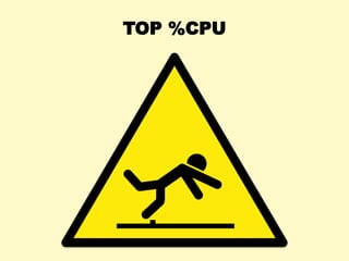 top %CPU
• Who is consuming CPU?
• And by how much?
$ top - 20:15:55 up 19:12, 1 user, load average: 7.96, 8.59, 7.05
Task...