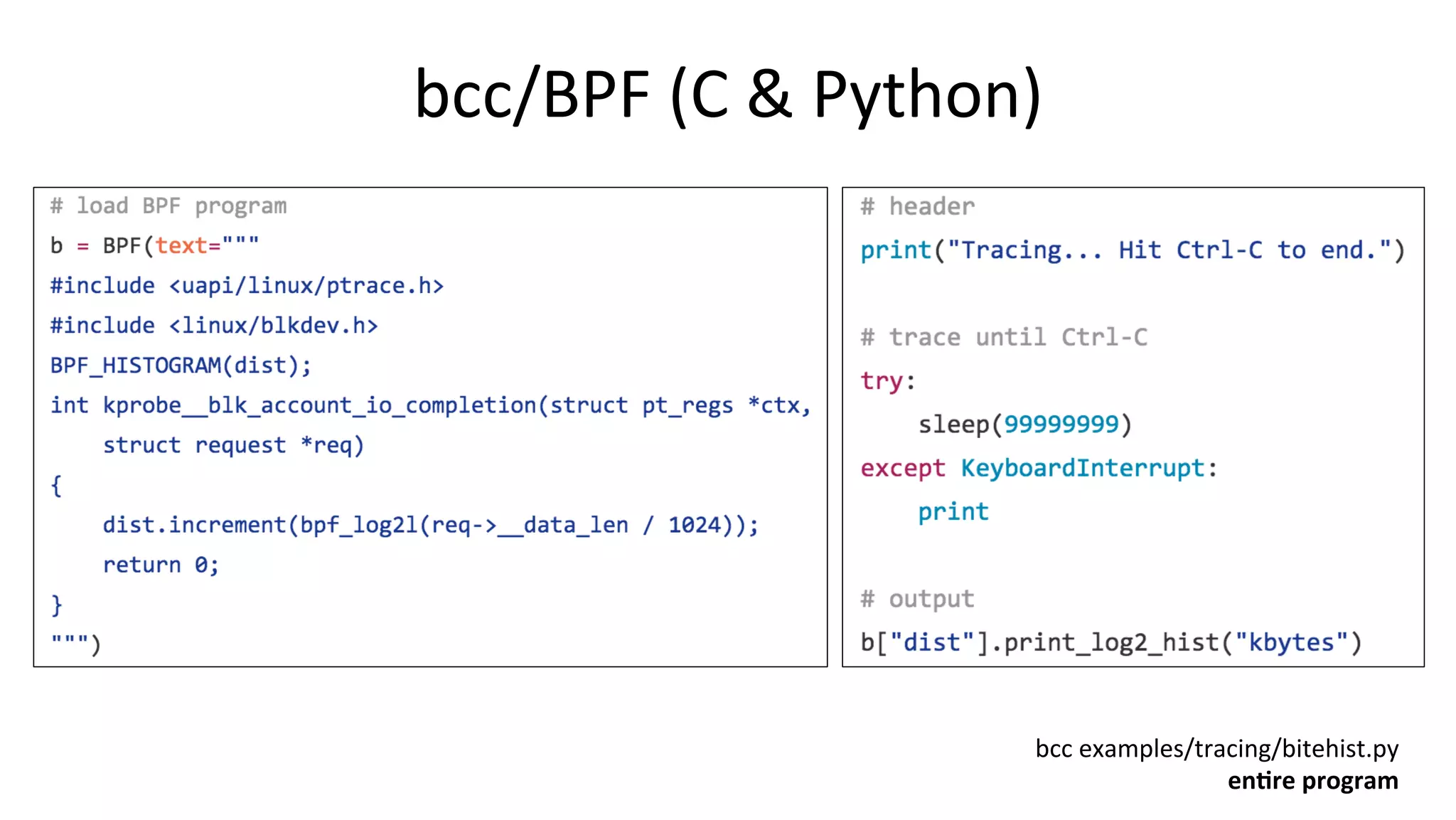 bcc/BPF	(C	&	Python) bcc	examples/tracing/bitehist.py enIre	program 