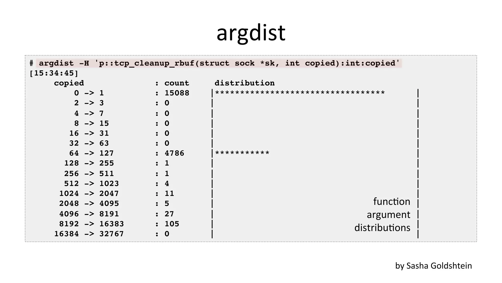 argdist # argdist -H 'p::tcp_cleanup_rbuf(struct sock *sk, int copied):int:copied' [15:34:45] copied : count distribution 0 -> 1 : 15088 |********************************** | 2 -> 3 : 0 | | 4 -> 7 : 0 | | 8 -> 15 : 0 | | 16 -> 31 : 0 | | 32 -> 63 : 0 | | 64 -> 127 : 4786 |*********** | 128 -> 255 : 1 | | 256 -> 511 : 1 | | 512 -> 1023 : 4 | | 1024 -> 2047 : 11 | | 2048 -> 4095 : 5 | | 4096 -> 8191 : 27 | | 8192 -> 16383 : 105 | | 16384 -> 32767 : 0 | | by	Sasha	Goldshtein funcVon argument distribuVons 