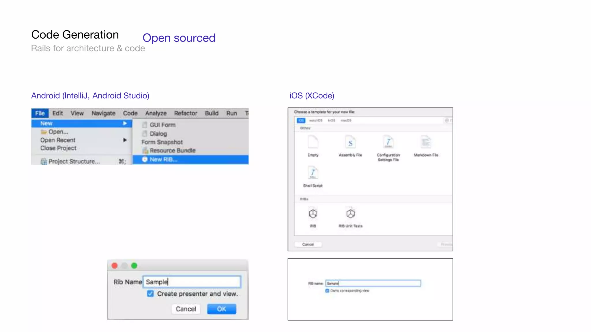 Rails for architecture & code
Code Generation
Android (IntelliJ, Android Studio) iOS (XCode)
Open sourced
 
