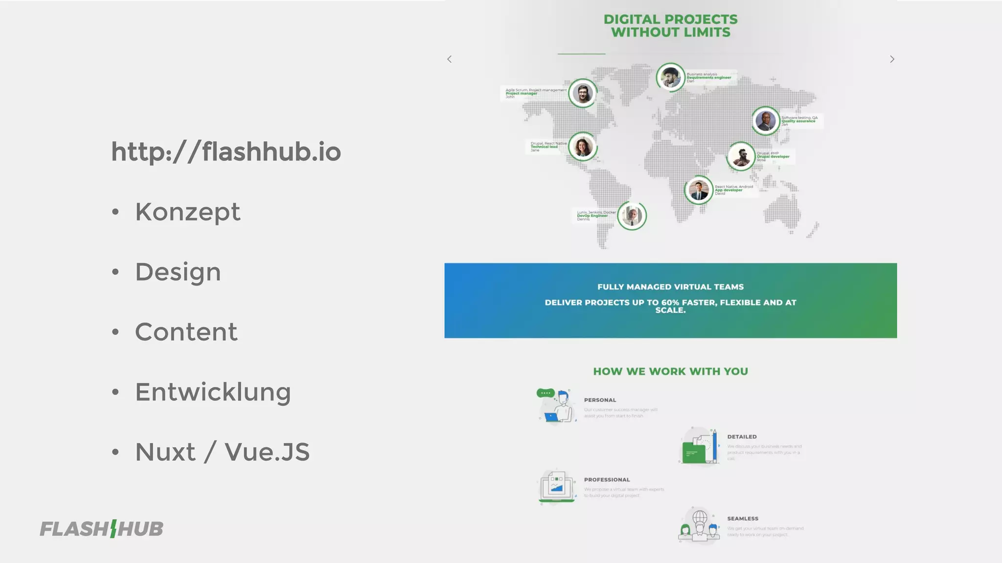 http://flashhub.io
• Konzept
• Design
• Content
• Entwicklung
• Nuxt / Vue.JS
 