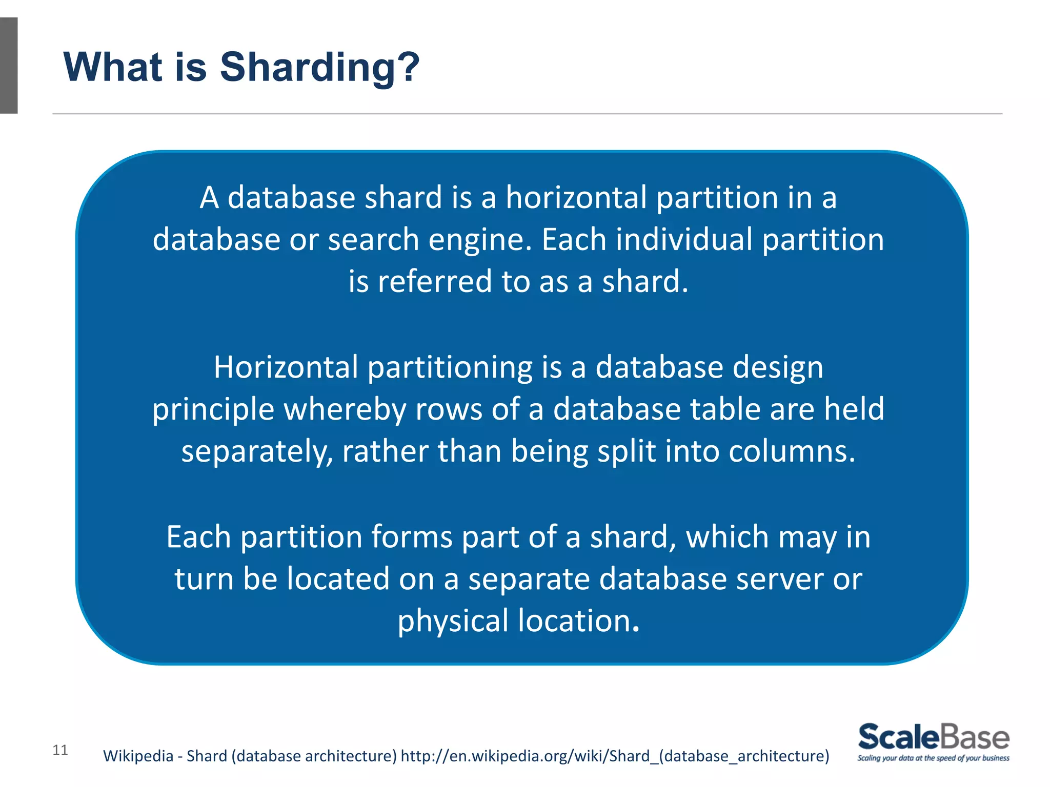 11
What is Sharding?
Wikipedia - Shard (database architecture) http://en.wikipedia.org/wiki/Shard_(database_architecture)
A database shard is a horizontal partition in a
database or search engine. Each individual partition
is referred to as a shard.
Horizontal partitioning is a database design
principle whereby rows of a database table are held
separately, rather than being split into columns.
Each partition forms part of a shard, which may in
turn be located on a separate database server or
physical location.
 