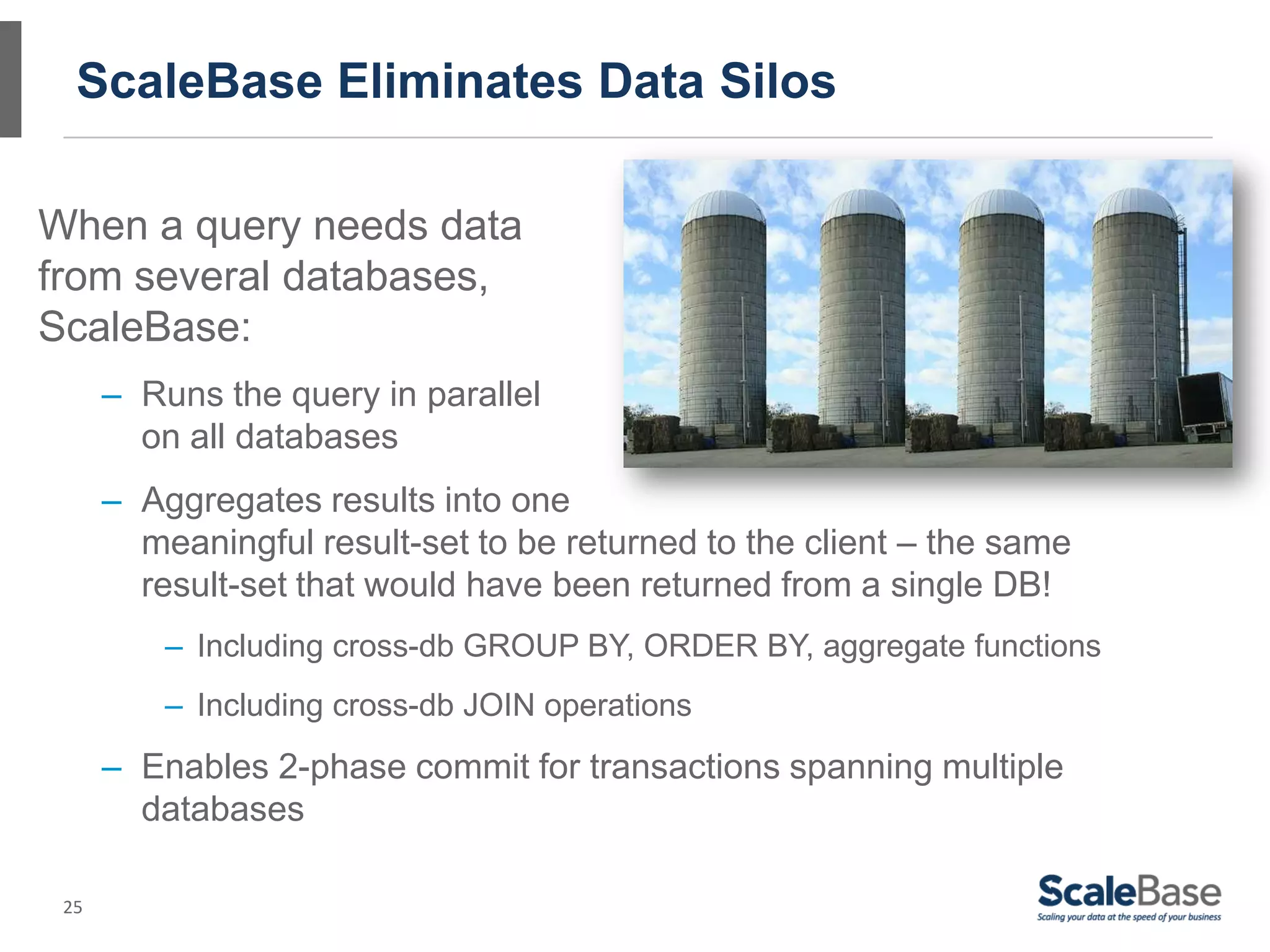 25
ScaleBase Eliminates Data Silos
When a query needs data
from several databases,
ScaleBase:
– Runs the query in parallel
on all databases
– Aggregates results into one
meaningful result-set to be returned to the client – the same
result-set that would have been returned from a single DB!
– Including cross-db GROUP BY, ORDER BY, aggregate functions
– Including cross-db JOIN operations
– Enables 2-phase commit for transactions spanning multiple
databases
 