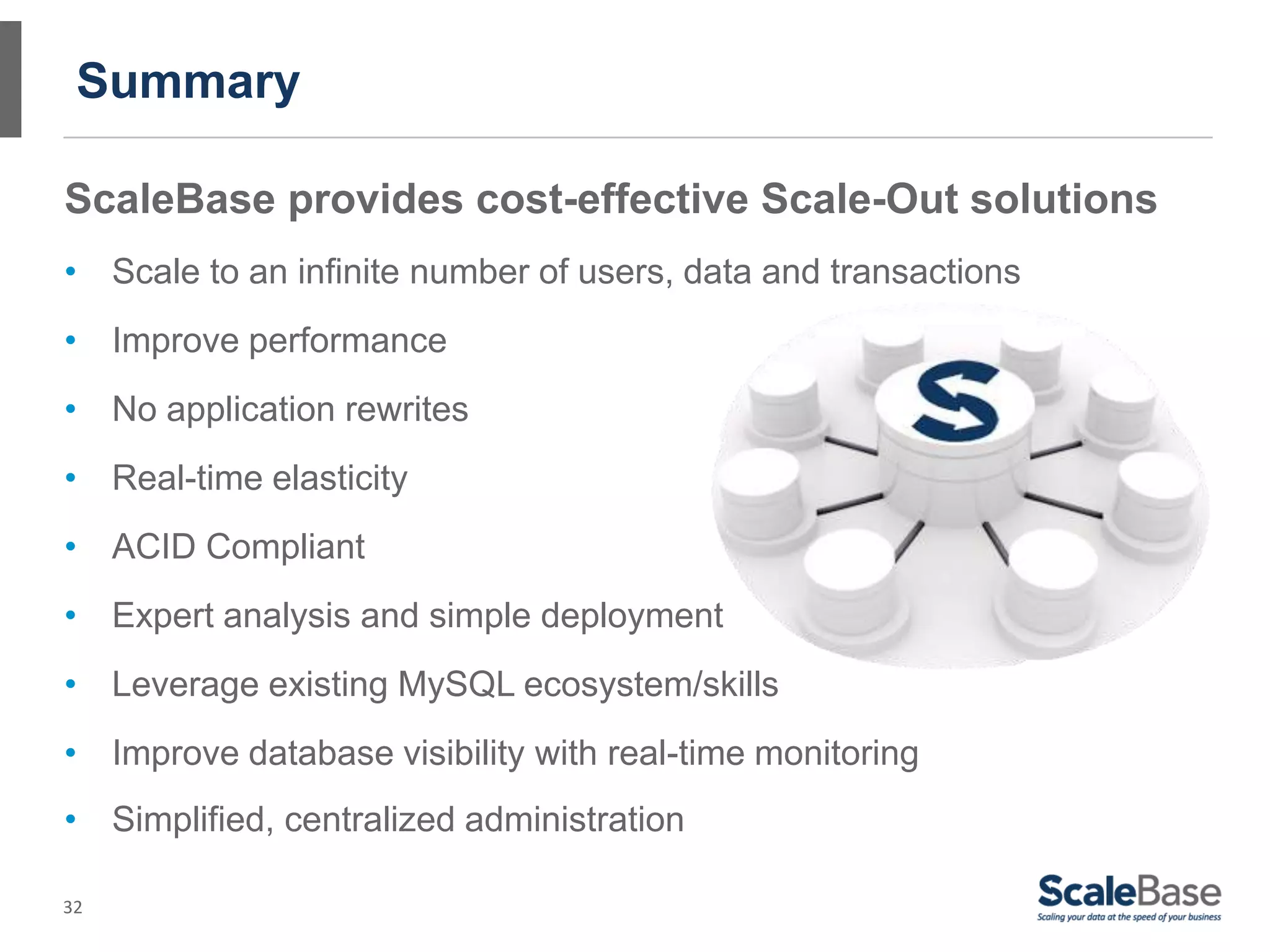 32
Summary
ScaleBase provides cost-effective Scale-Out solutions
• Scale to an infinite number of users, data and transactions
• Improve performance
• No application rewrites
• Real-time elasticity
• ACID Compliant
• Expert analysis and simple deployment
• Leverage existing MySQL ecosystem/skills
• Improve database visibility with real-time monitoring
• Simplified, centralized administration
 