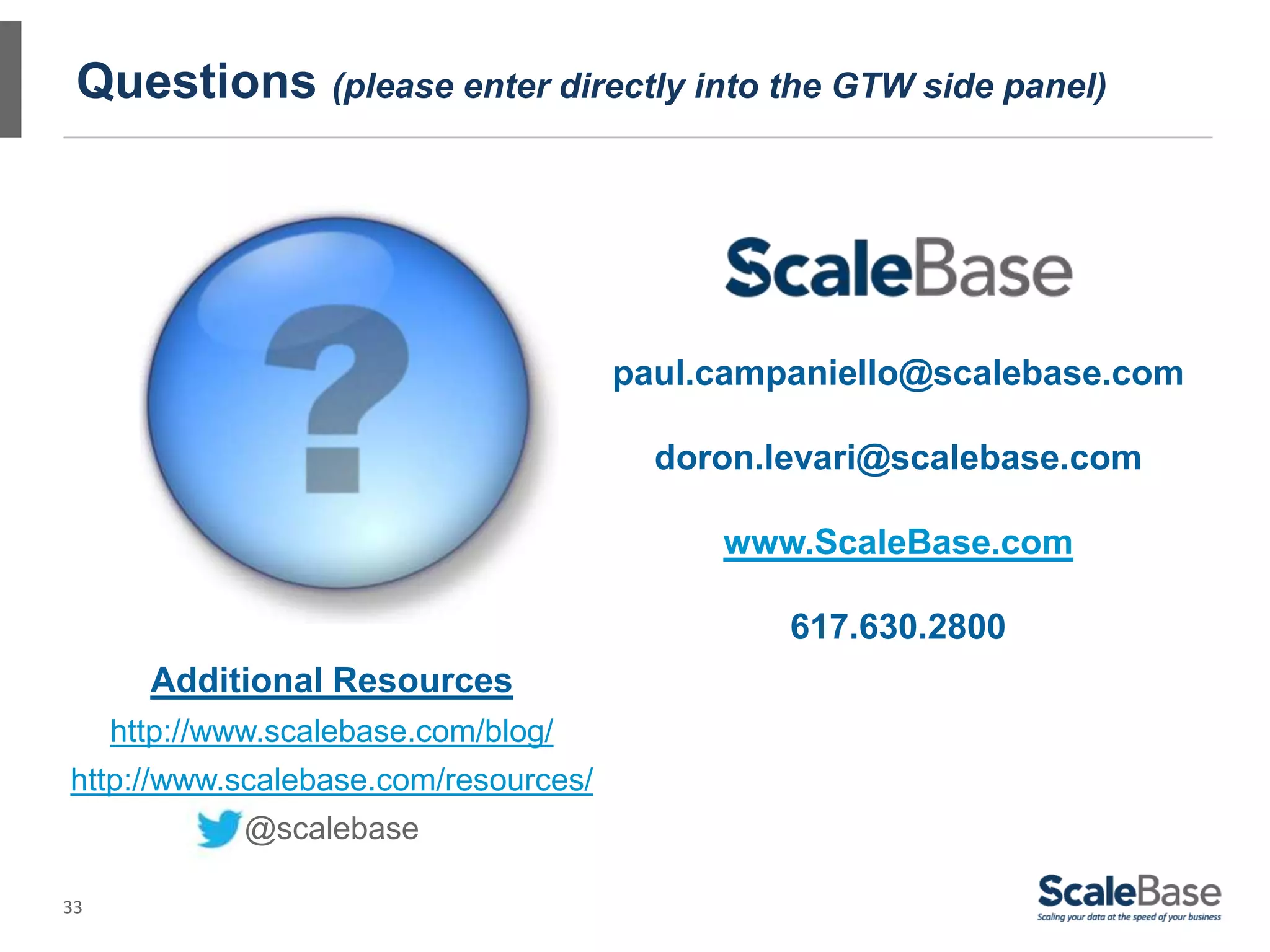 33
Questions (please enter directly into the GTW side panel)
paul.campaniello@scalebase.com
doron.levari@scalebase.com
www.ScaleBase.com
617.630.2800
Additional Resources
http://www.scalebase.com/blog/
http://www.scalebase.com/resources/
@scalebase
 