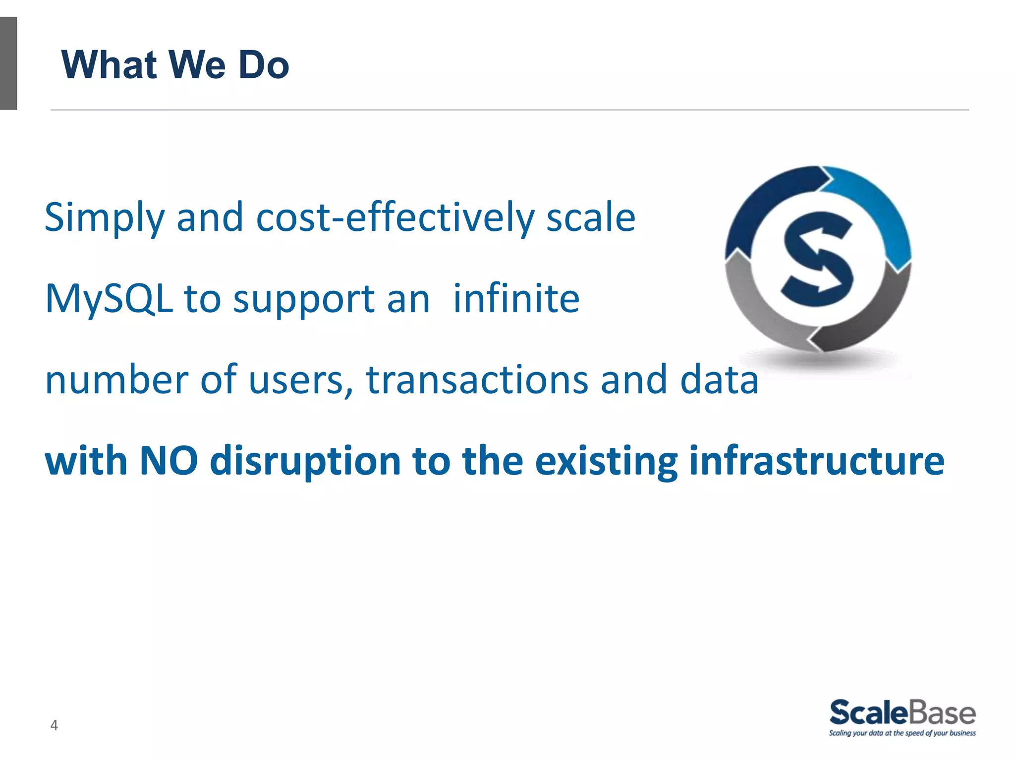 4
What We Do
Simply and cost-effectively scale
MySQL to support an infinite
number of users, transactions and data
with NO disruption to the existing infrastructure
 