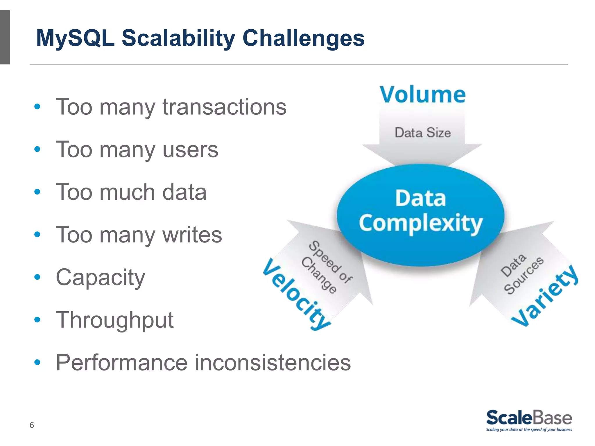 6
MySQL Scalability Challenges
• Too many transactions
• Too many users
• Too much data
• Too many writes
• Capacity
• Throughput
• Performance inconsistencies
 