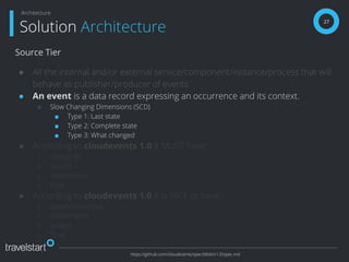 Source Tier
● All the internal and/or external service/component/instance/process that will
behave as publisher/producer of events
● An event is a data record expressing an occurrence and its context.
○ Slow Changing Dimensions (SCD)
■ Type 1: Last state
■ Type 2: Complete state
■ Type 3: What changed
● According to cloudevents 1.0 it MUST have:
○ Unique ID
○ Source
○ SpecVersion
○ Type
● According to cloudevents 1.0 it is NICE to have:
○ DataContentType
○ DataSchema
○ Subject
○ Time
27
Solution Architecture
Architecture
https://github.com/cloudevents/spec/blob/v1.0/spec.md
 