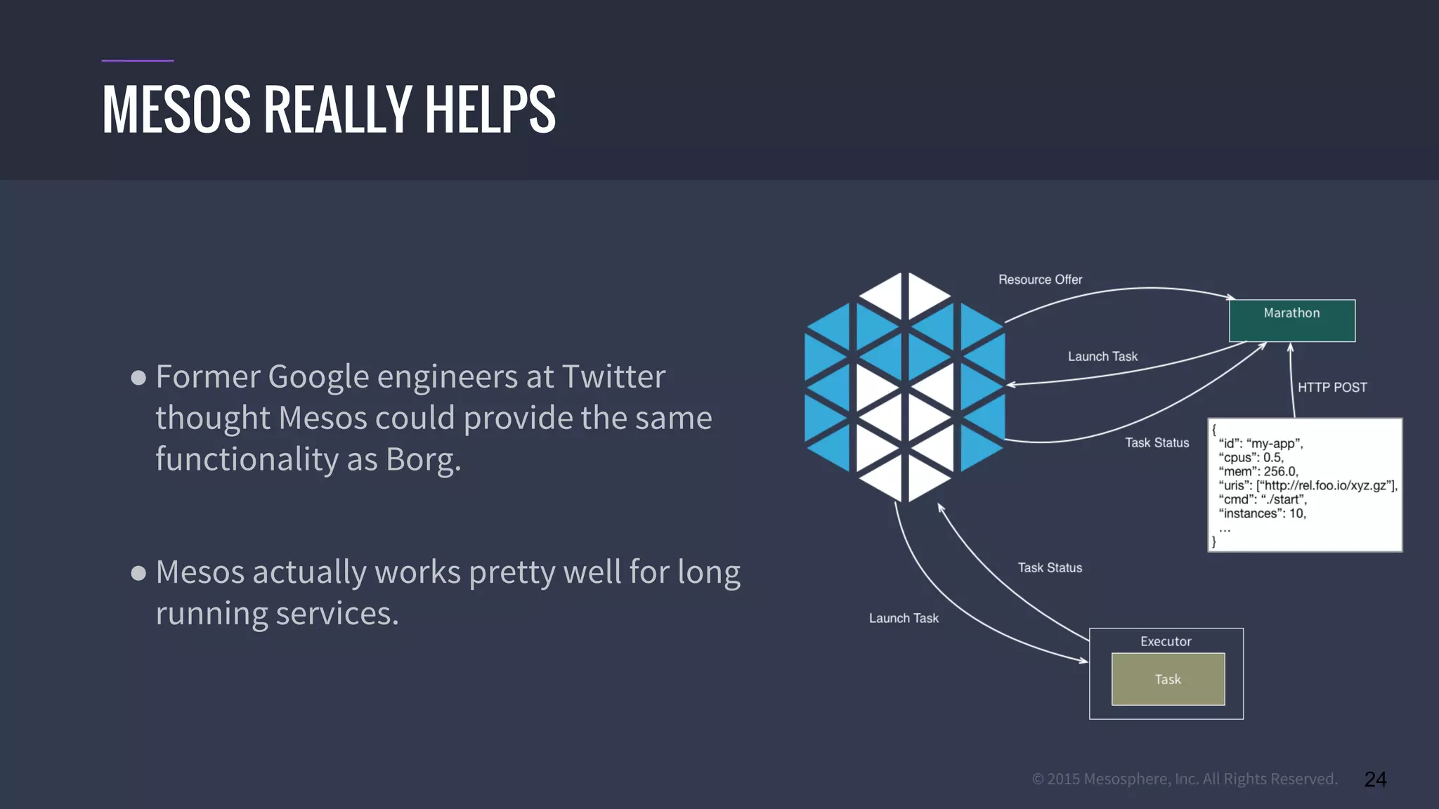 © 2015 Mesosphere, Inc. All Rights Reserved. 24
● Former Google engineers at Twitter
thought Mesos could provide the same
functionality as Borg.
● Mesos actually works pretty well for long
running services.
MESOS REALLY HELPS
 