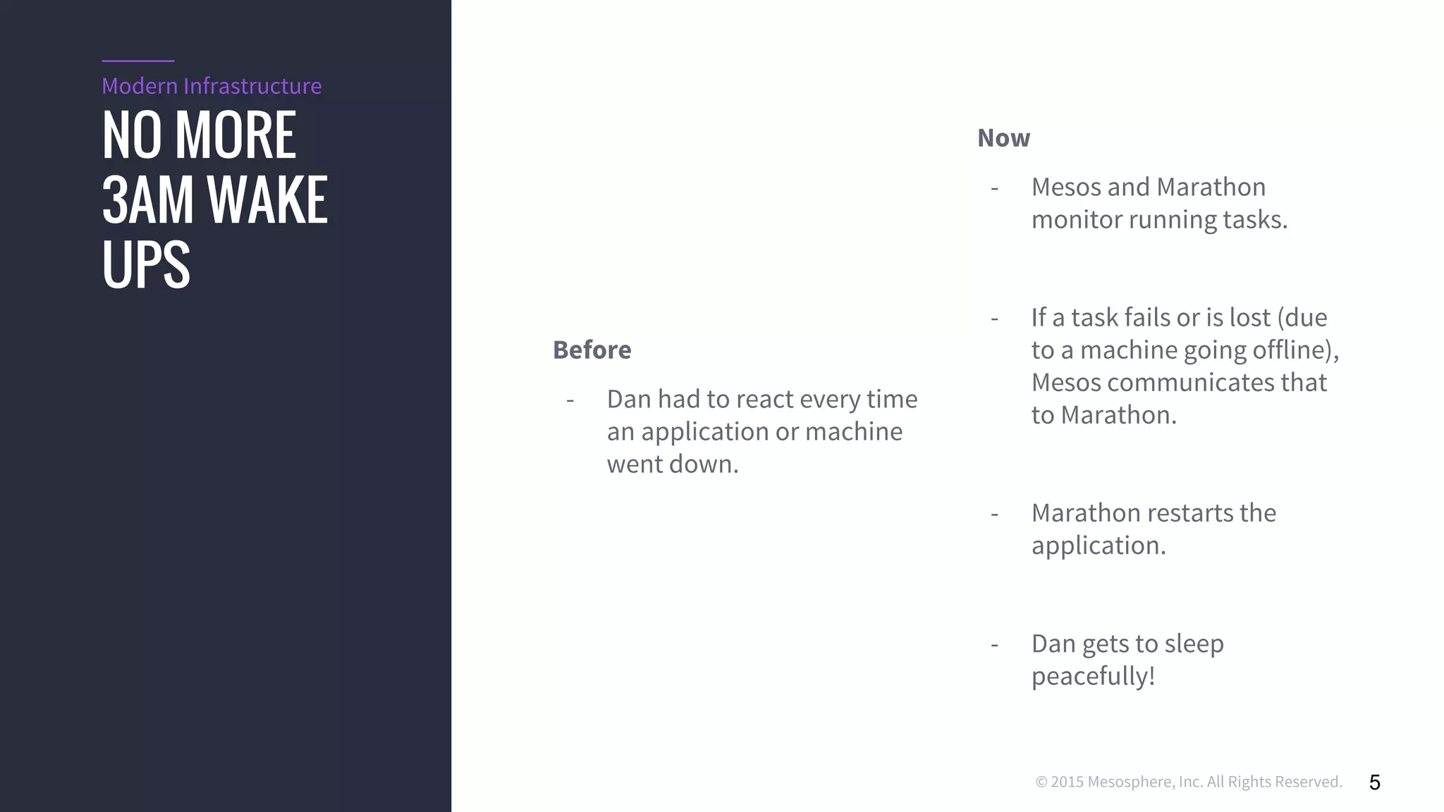 © 2015 Mesosphere, Inc. All Rights Reserved. 5
NO MORE
3AM WAKE
UPS
Modern Infrastructure
Before
- Dan had to react every time
an application or machine
went down.
Now
- Mesos and Marathon
monitor running tasks.
- If a task fails or is lost (due
to a machine going offline),
Mesos communicates that
to Marathon.
- Marathon restarts the
application.
- Dan gets to sleep
peacefully!
 