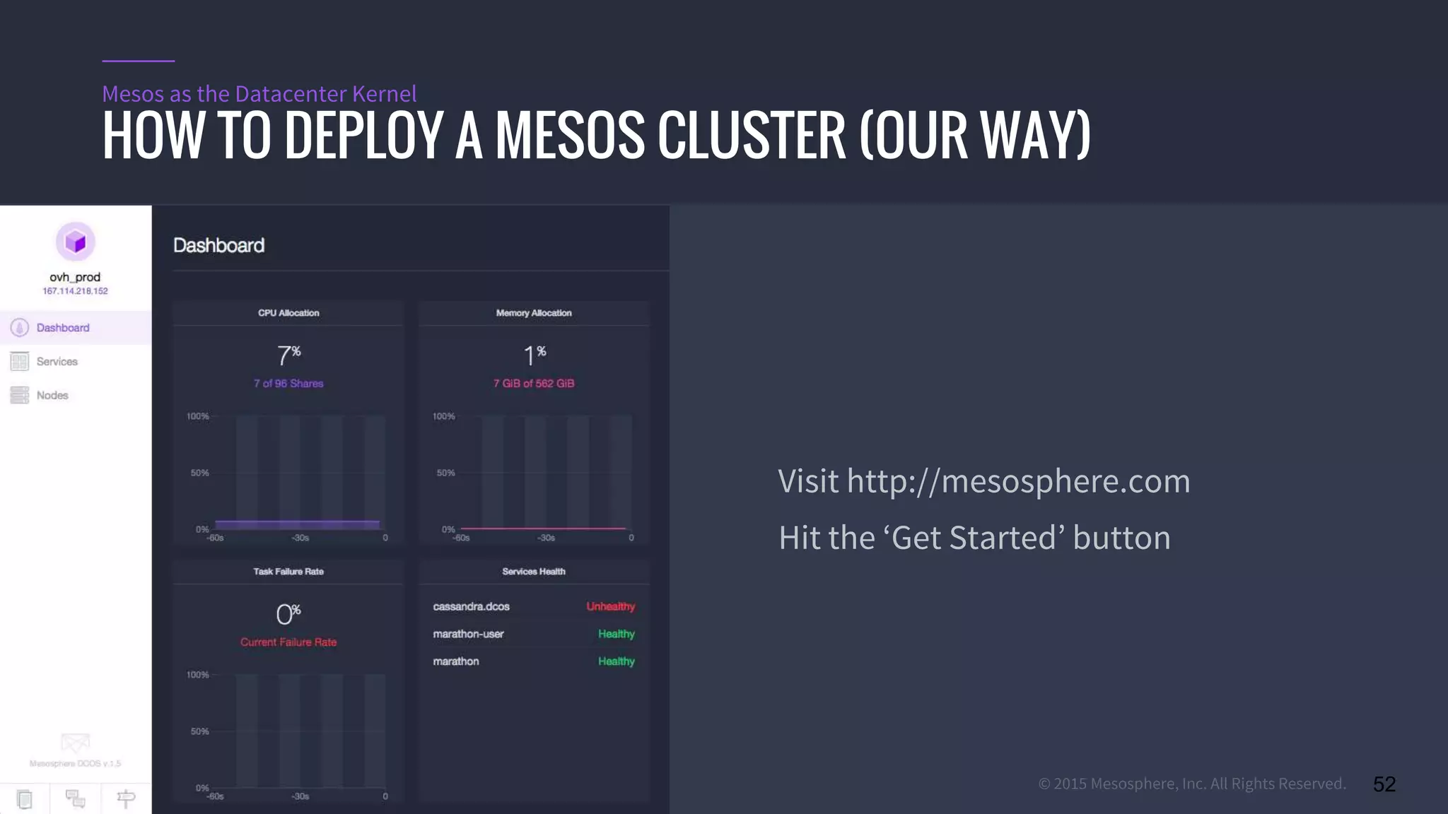 © 2015 Mesosphere, Inc. All Rights Reserved. 52
Visit http://mesosphere.com
Hit the ‘Get Started’ button
HOW TO DEPLOY A MESOS CLUSTER (OUR WAY)
Mesos as the Datacenter Kernel
 