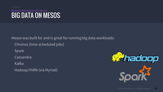 © 2015 Mesosphere, Inc. All Rights Reserved. 59
Mesos was built for and is great for running big data workloads:
Chronos (time scheduled jobs)
Spark
Cassandra
Kafka
Hadoop/YARN (via Myriad)
BIG DATA ON MESOS
Mesos as the Datacenter Kernel
 