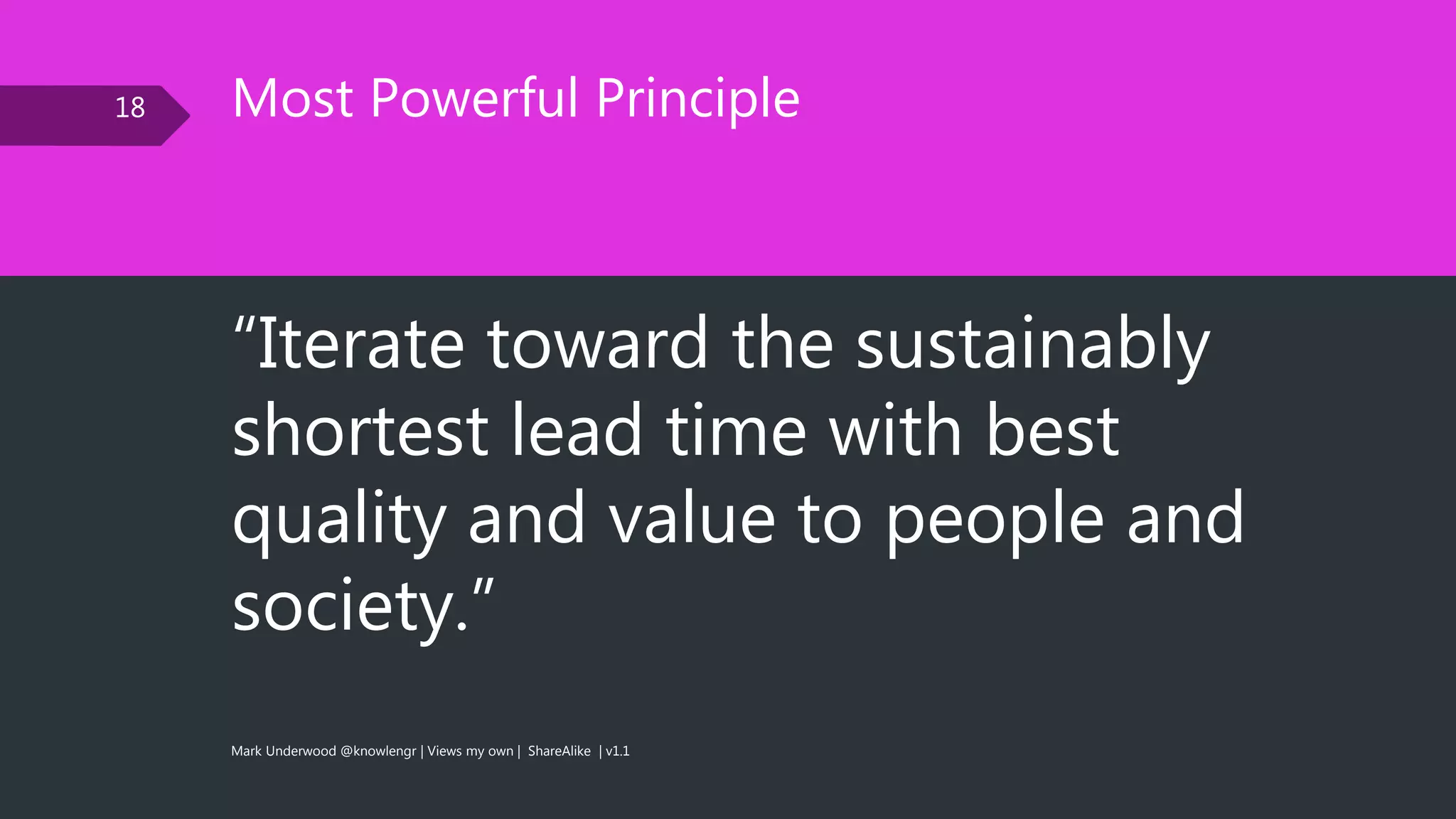 Most Powerful Principle18
“Iterate toward the sustainably
shortest lead time with best
quality and value to people and
society.”
Mark Underwood @knowlengr | Views my own | ShareAlike | v1.1
 