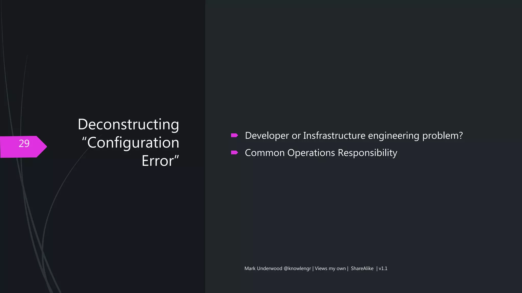 Deconstructing
“Configuration
Error”
29
 Developer or Insfrastructure engineering problem?
 Common Operations Responsibility
Mark Underwood @knowlengr | Views my own | ShareAlike | v1.1
 