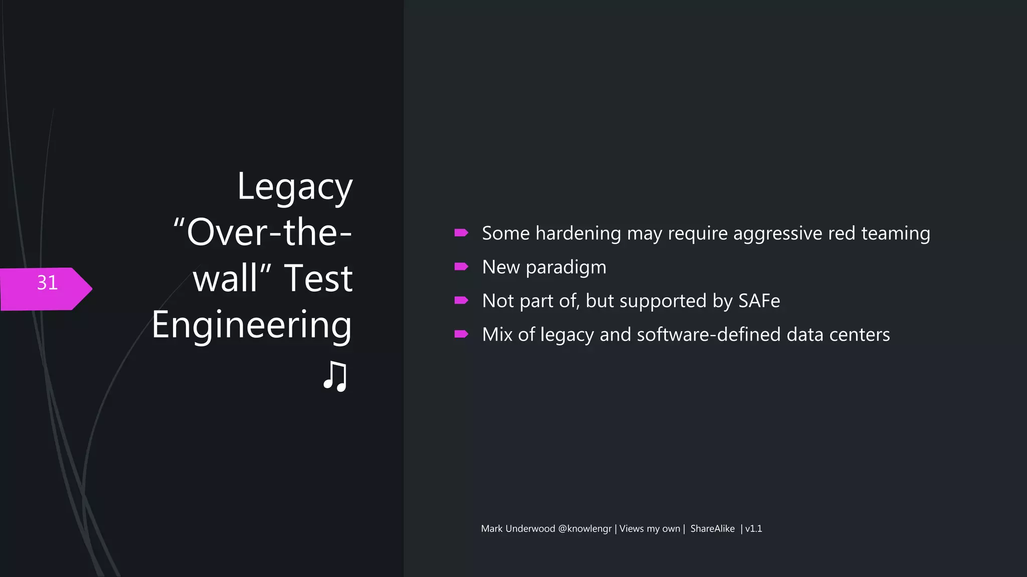 Legacy
“Over-the-
wall” Test
Engineering
♫
31
 Some hardening may require aggressive red teaming
 New paradigm
 Not part of, but supported by SAFe
 Mix of legacy and software-defined data centers
Mark Underwood @knowlengr | Views my own | ShareAlike | v1.1
 