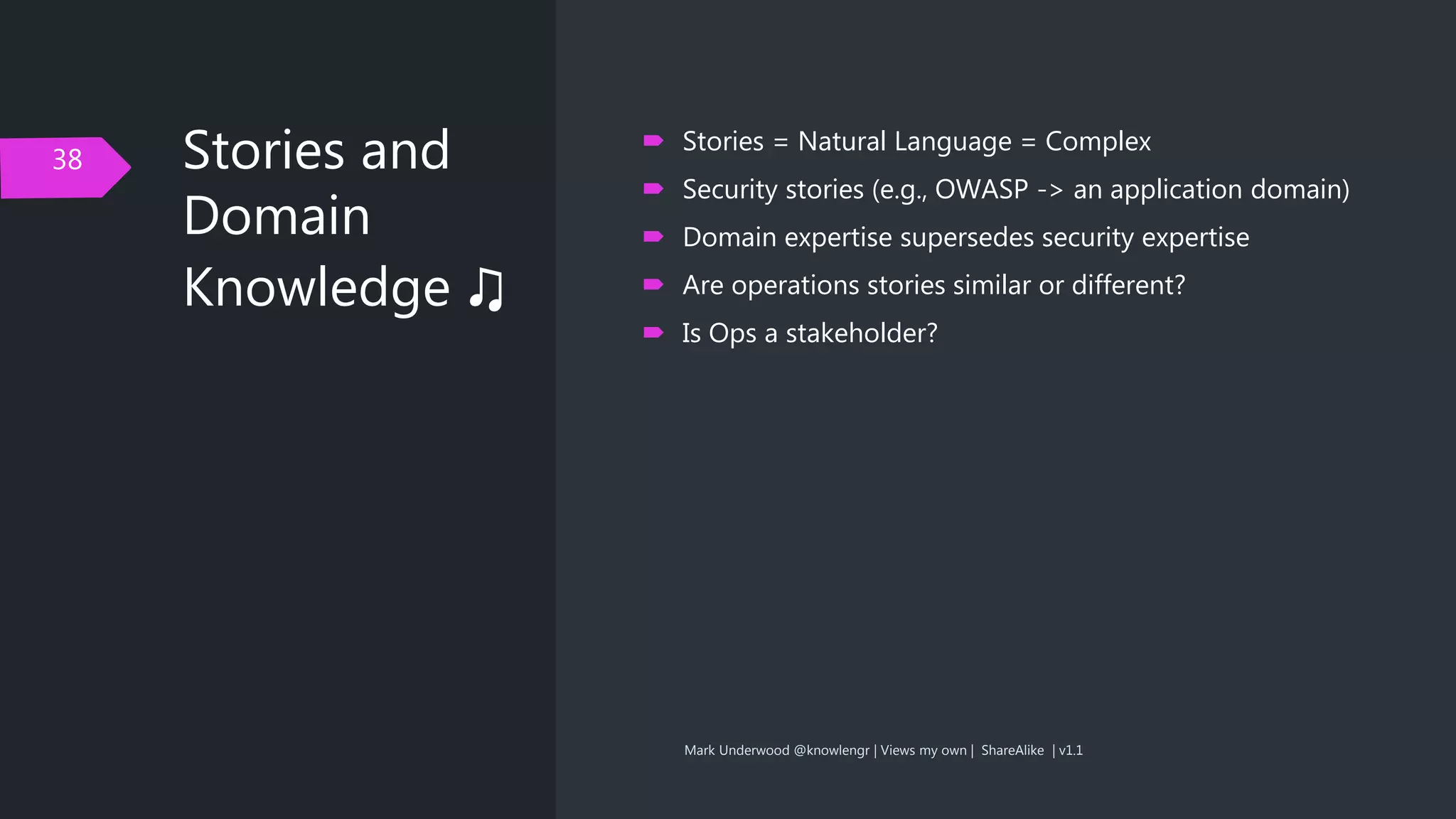 Stories and
Domain
Knowledge ♫
38
 Stories = Natural Language = Complex
 Security stories (e.g., OWASP -> an application domain)
 Domain expertise supersedes security expertise
 Are operations stories similar or different?
 Is Ops a stakeholder?
Mark Underwood @knowlengr | Views my own | ShareAlike | v1.1
 