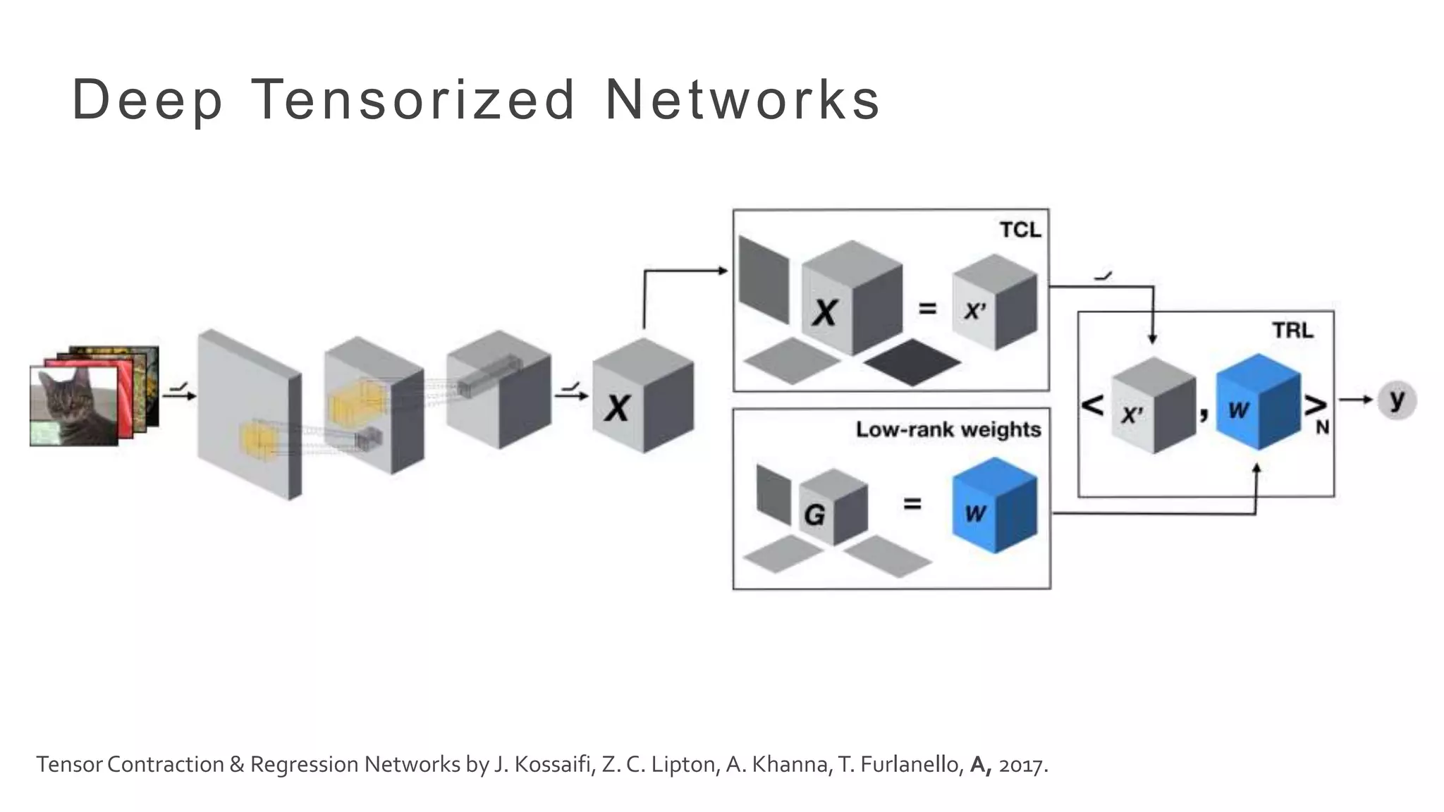 Deep Tensorized Networks
Tensor Contraction & Regression Networks by J. Kossaifi, Z. C. Lipton,A. Khanna,T. Furlanello, A, 2017.
 