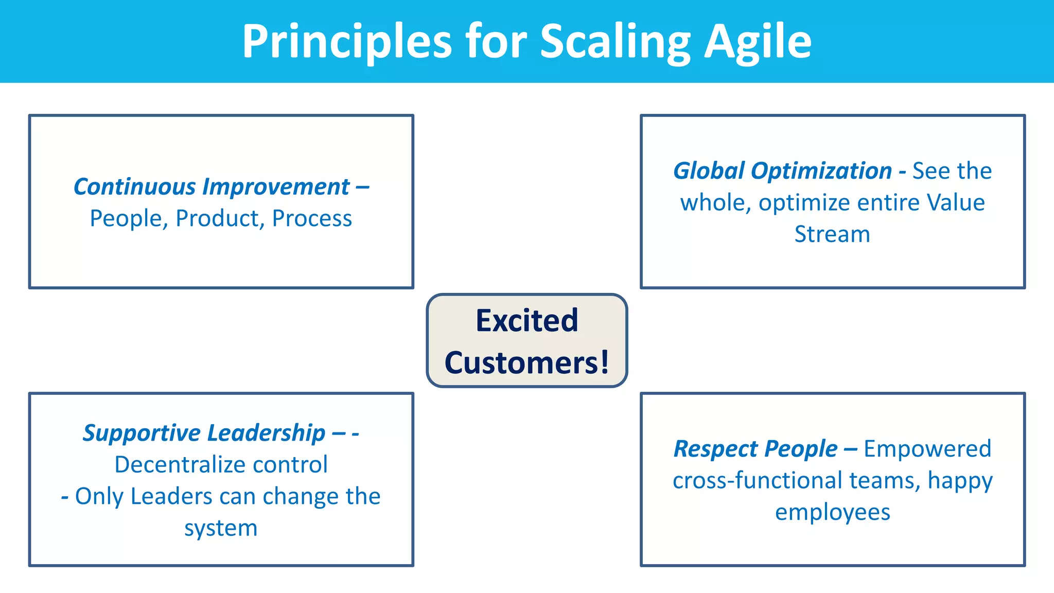 Principles for Scaling Agile
Excited
Customers!
Supportive Leadership – -
Decentralize control
- Only Leaders can change the
system
Continuous Improvement –
People, Product, Process
Global Optimization - See the
whole, optimize entire Value
Stream
Respect People – Empowered
cross-functional teams, happy
employees
 