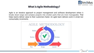 What is Agile Methodology?
Agile is an iterative approach to project management and software development where it
breaks down large and complex projects into smaller parts that are more manageable. That
helps teams deliver value to their customers faster. An agile team delivers work in small, but
consumable, increments.
 